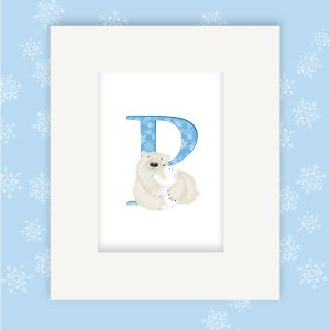 Mounted print hanging on the wall, of a blue capital letter P with a mother polar bear and cub hugging.
