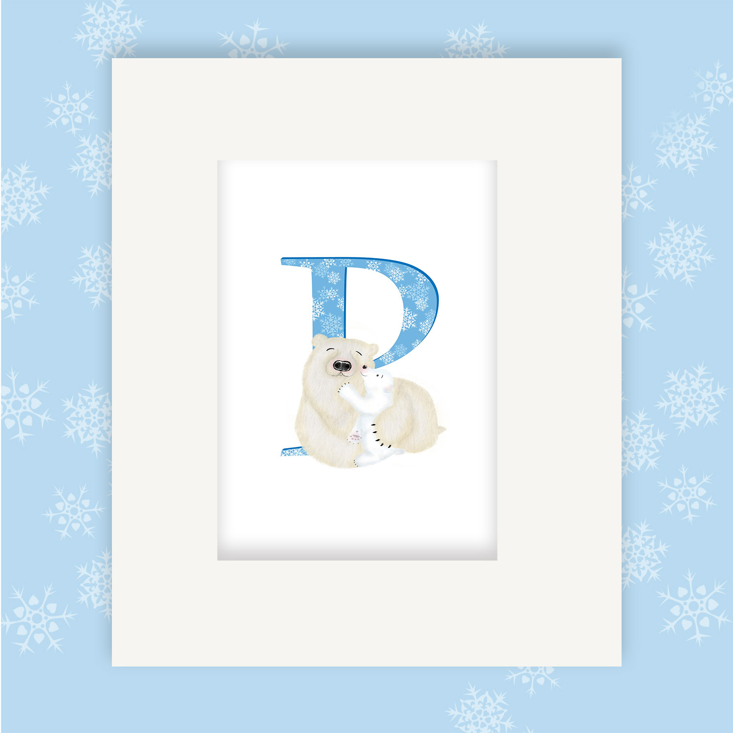 Mounted print hanging on the wall, of a blue capital letter P with a mother polar bear and cub hugging.