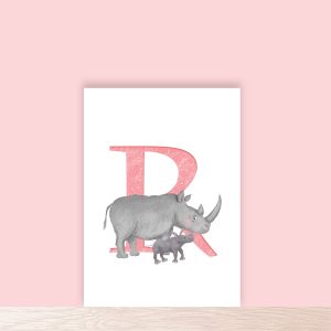 Pink capital letter R with a cute mother and baby rhino.