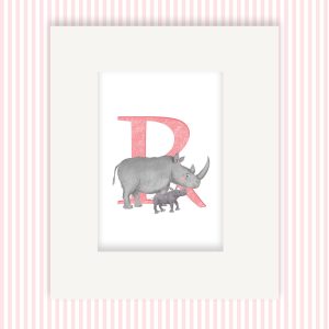 Mounted print hanging on the wall, of a pink capital letter R with a cute mother and baby rhino.