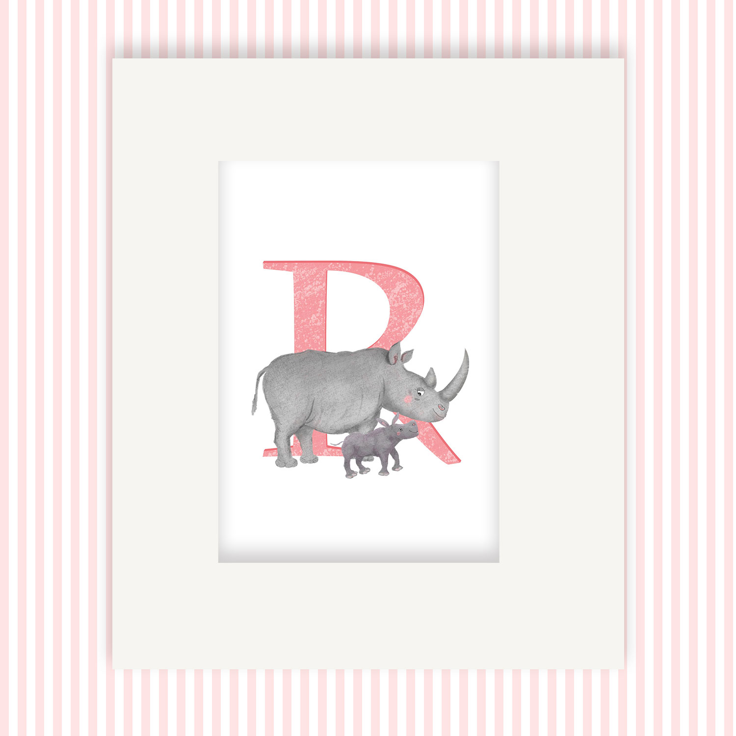 Mounted print hanging on the wall, of a pink capital letter R with a cute mother and baby rhino.