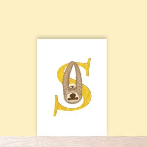 Yellow capital letter S with a cute mother and baby sloth.
