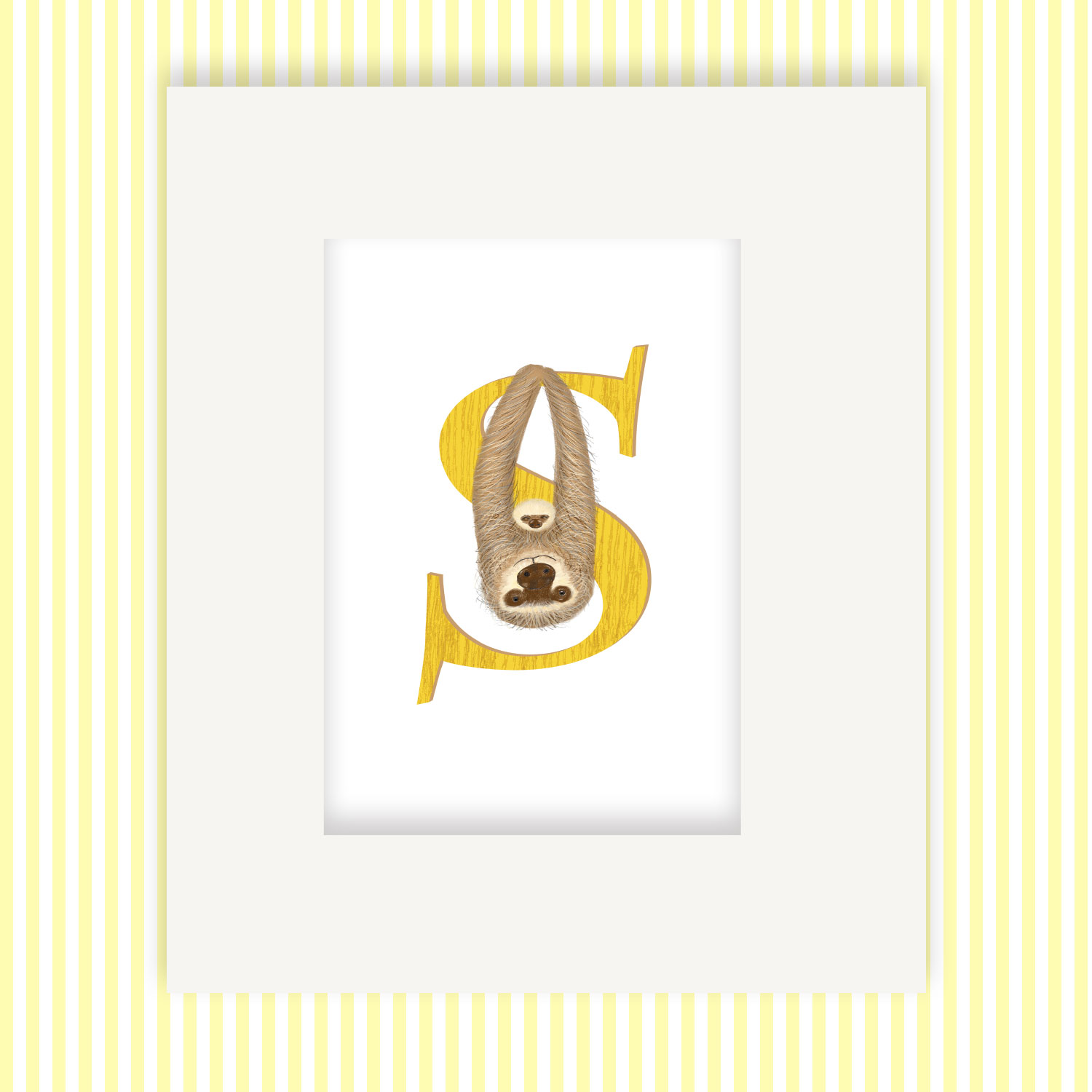 Mounted print hanging on the wall, of a yellow capital letter S with a cute mother and baby sloth.