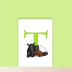 Green capital letter T with a cute mother and baby tapir.