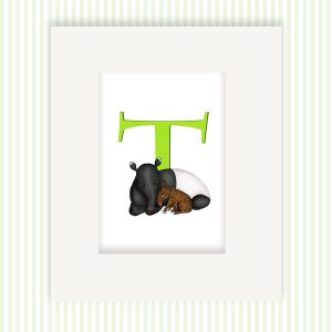 Mounted print hanging on the wall, of a green capital letter T with a cute mother and baby tapir.