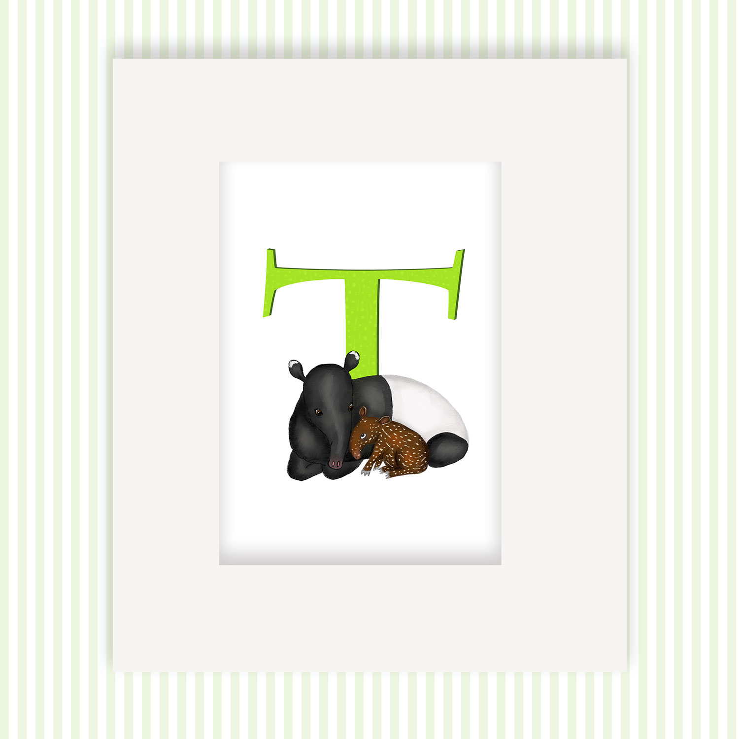 Mounted print hanging on the wall, of a green capital letter T with a cute mother and baby tapir.