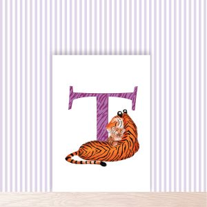 Purple capital letter T with a cute mother tiger being cuddled by her cub.