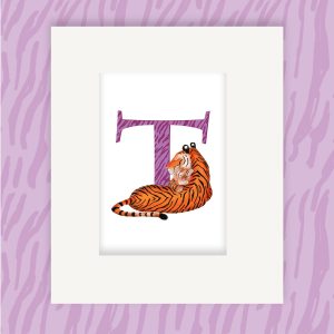Mounted print hanging on the wall, of a purple capital letter T with a cute mother tiger being cuddled by her cub.