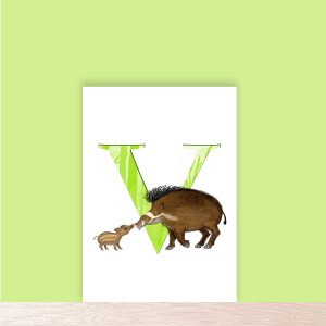 Green capital letter V with a cute father Visayan warty pig and his piglet, touching noses.