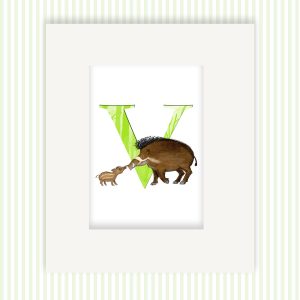 Mounted print hanging on the wall, of a green capital letter V with a cute father Visayan warty pig and piglet.