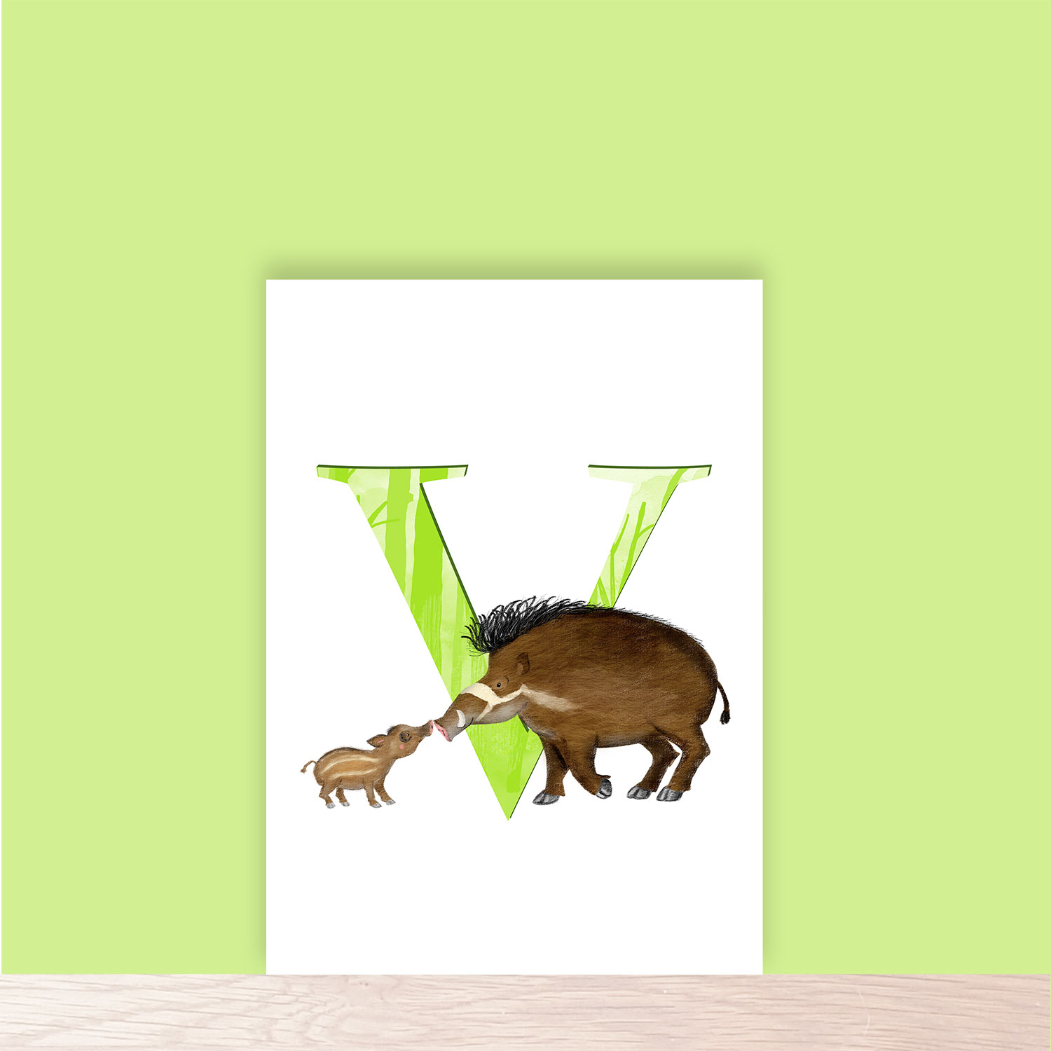 Green capital letter V with a cute father Visayan warty pig and his piglet, touching noses.