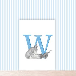 Blue capital letter W with a cute mother wolf and cub playing together.