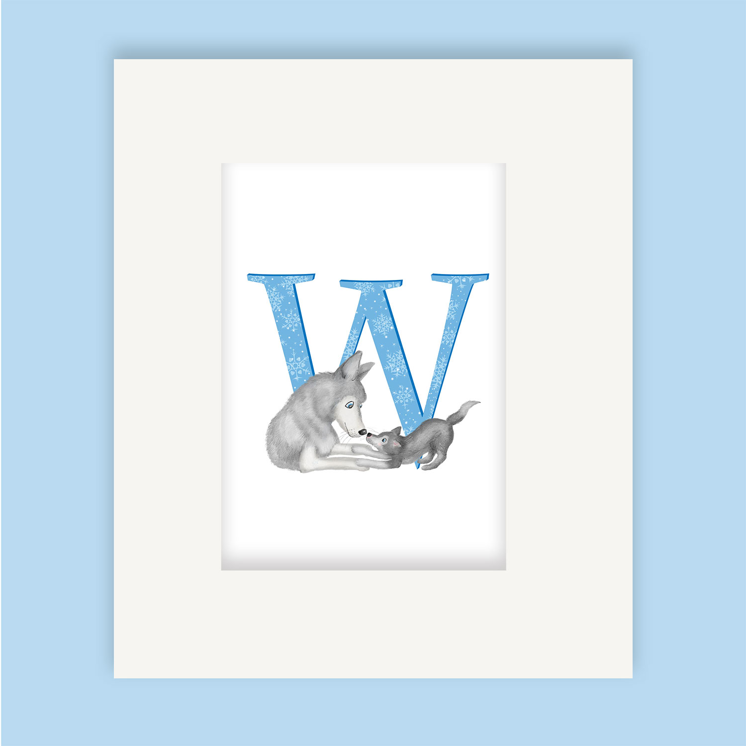 Mounted print hanging on the wall, of a blue capital letter W with a cute mother wolf and cub playing together.