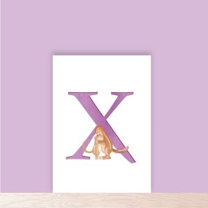 Purple capital letter X with a cute mother and baby xerus, Africam ground squirrels, hugging.