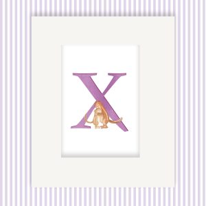 Mounted print hanging on the wall, of a purple capital letter X with a mother and baby xerus, African ground squirrels, hugging.