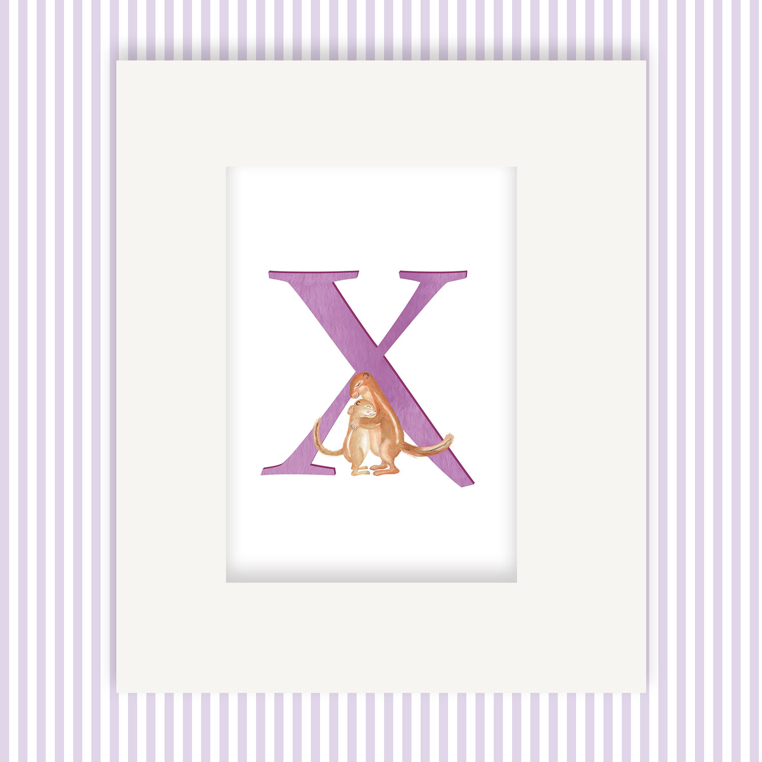 Mounted print hanging on the wall, of a purple capital letter X with a mother and baby xerus, African ground squirrels, hugging.