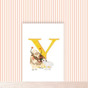 Yellow capital letter Y with a cute mother and baby yak with their noses pressed together.