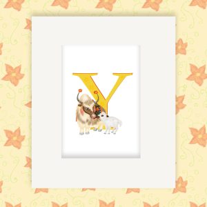 Mounted print hanging on the wall, of a yellow capital letter Y with a cute mother and baby yak with their noses pressed together.