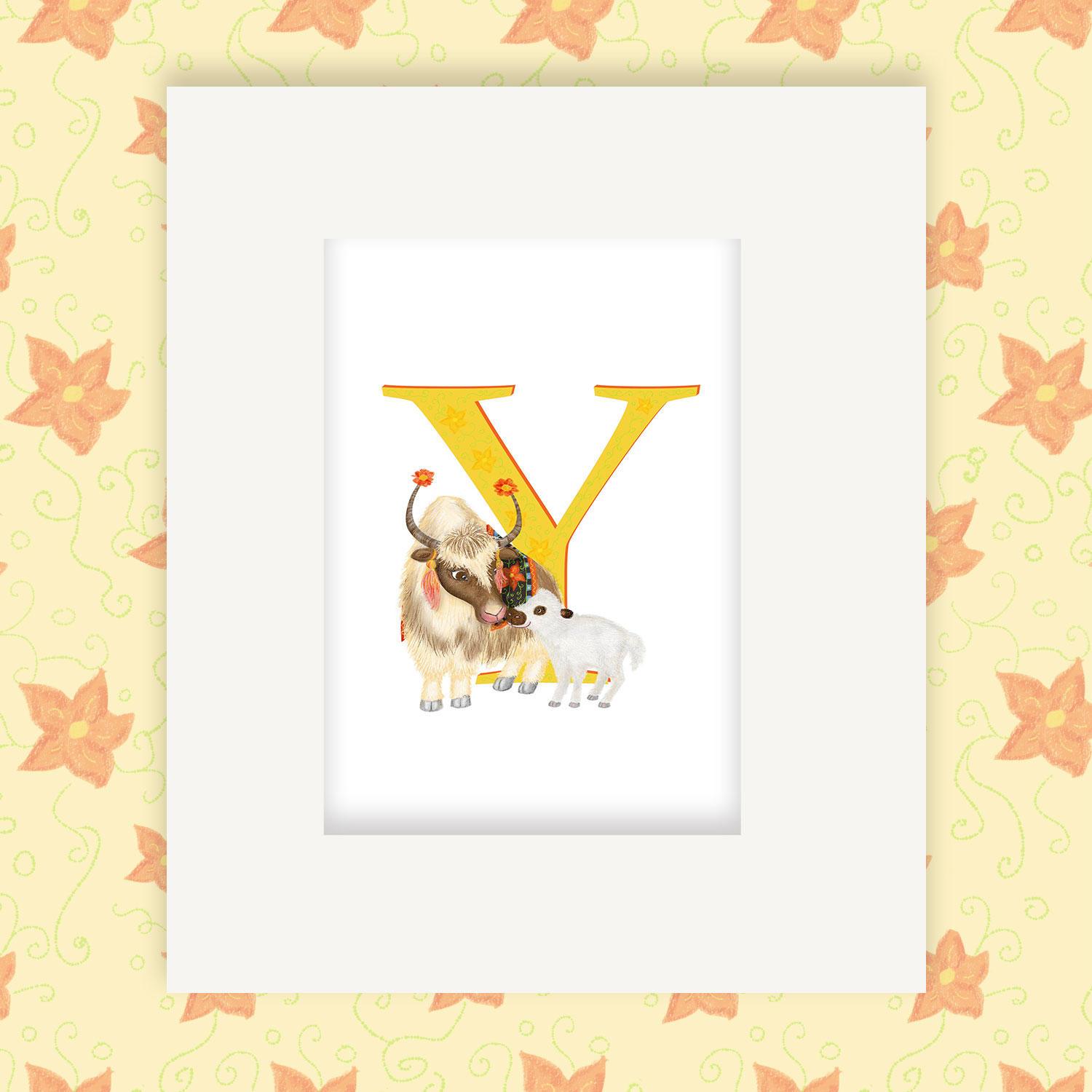 Mounted print hanging on the wall, of a yellow capital letter Y with a cute mother and baby yak with their noses pressed together.