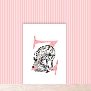 Pink capital letter Z with a cute mother and baby zebra.