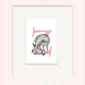 Mounted print hanging on the wall, of a pink capital letter Z with a cute mother and baby zebra.
