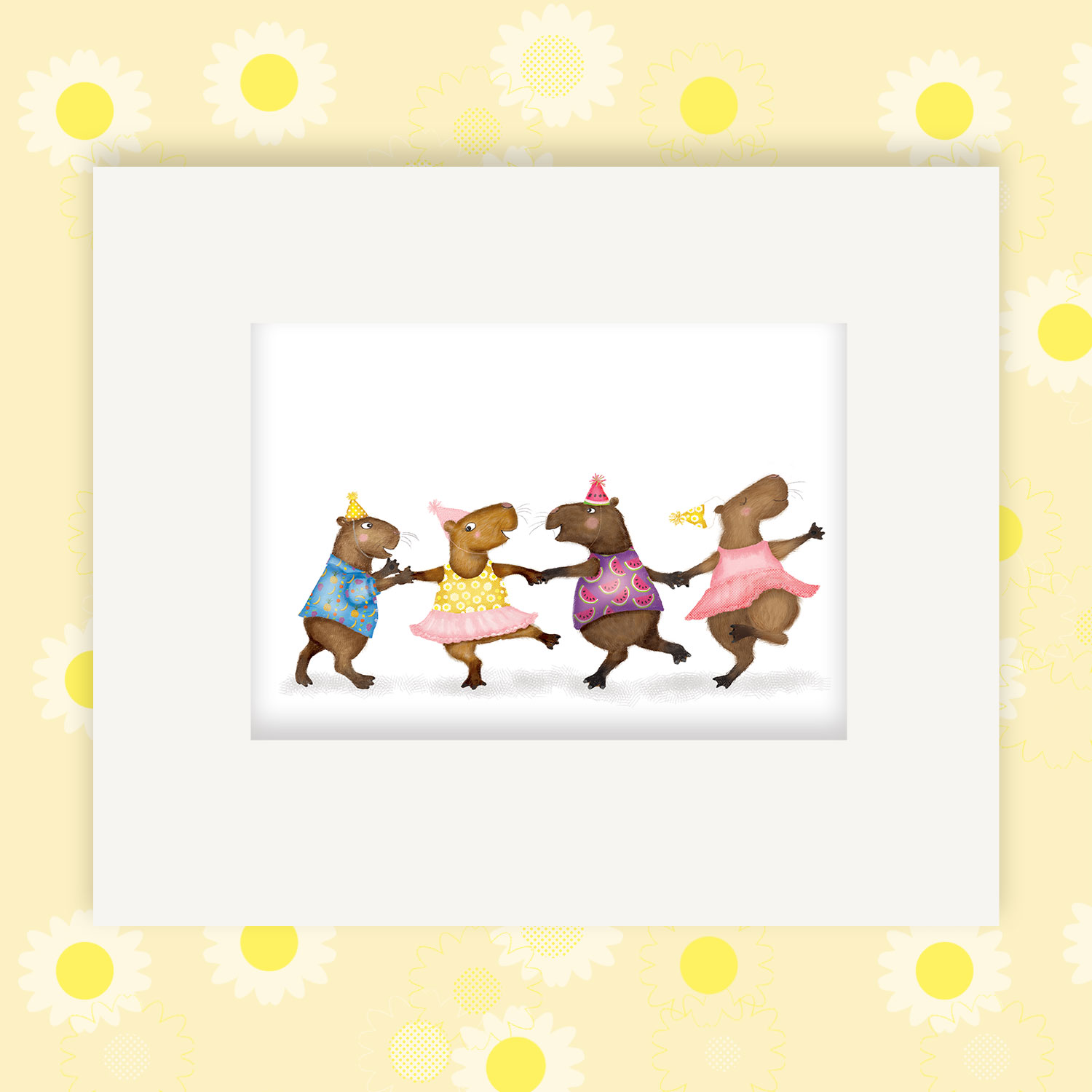 Mounted print hanging on a wall, of four capybaras wearing party outfits, dancing in a row.