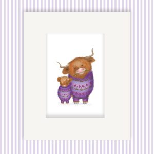 Mounted print hanging on a wall, of a cute mother Highland coo and calf, both wearing purple jumpers with a thistle pattern.