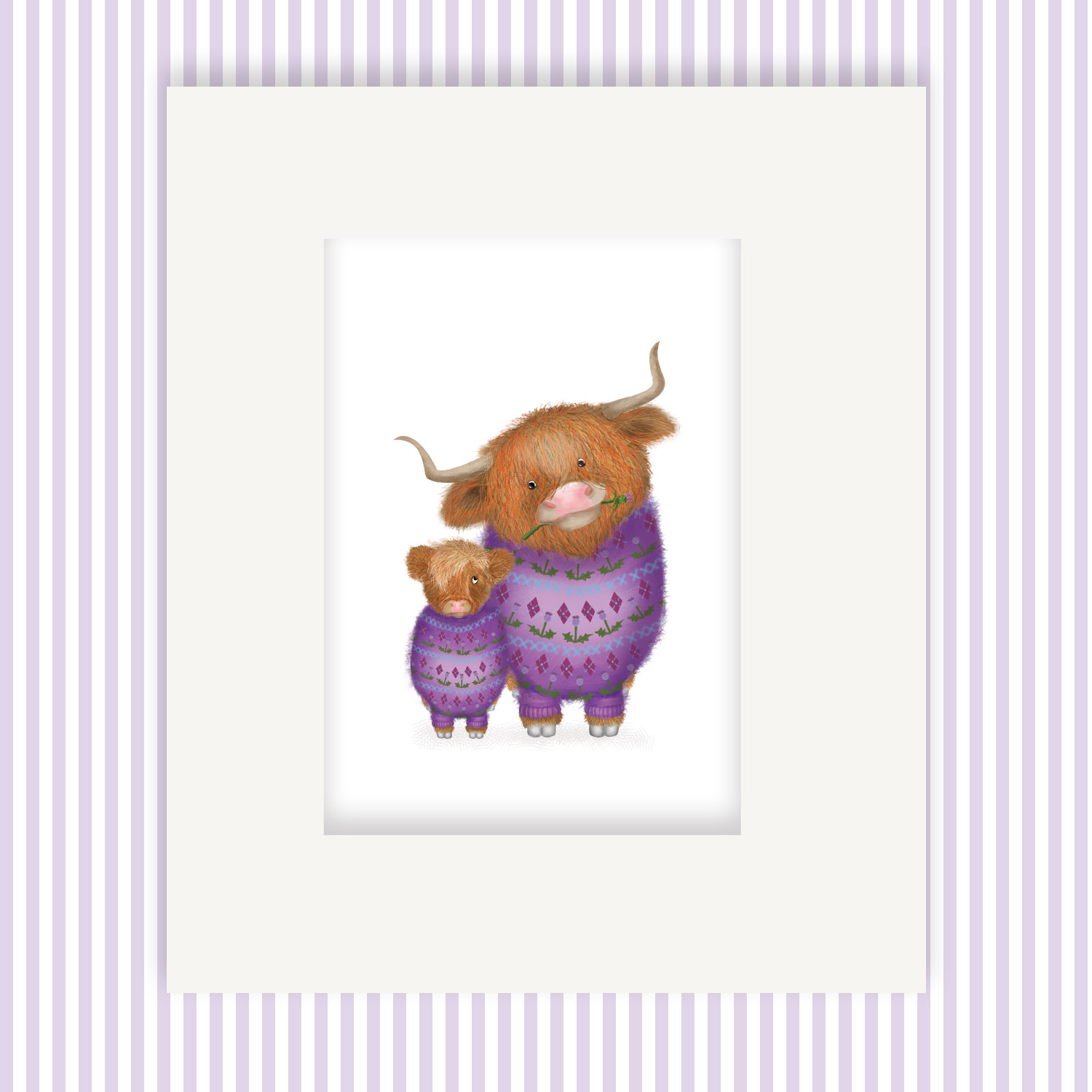 Mounted print hanging on a wall, of a cute mother Highland coo and calf, both wearing purple jumpers with a thistle pattern.