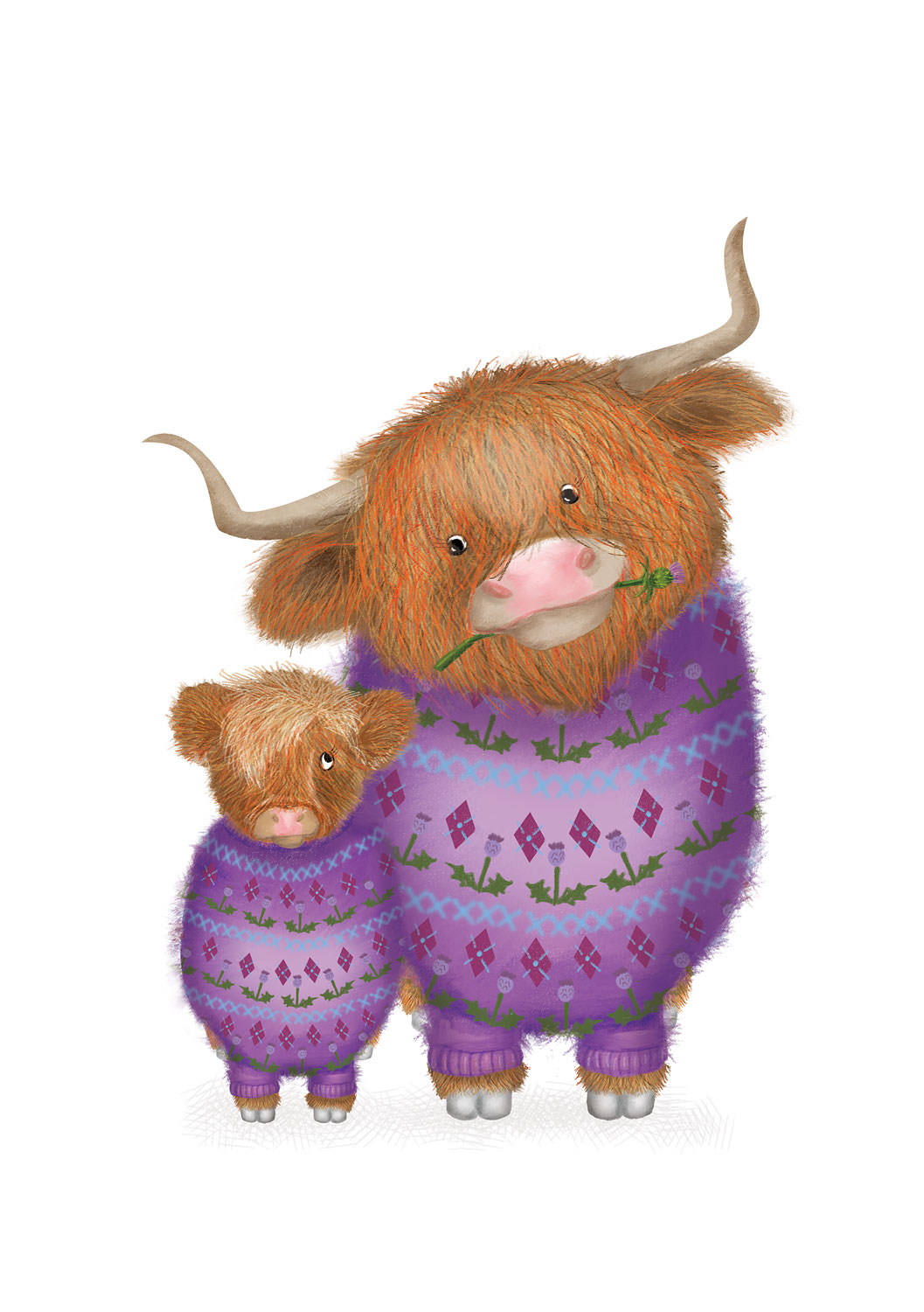 Cute mother Highland coo and calf, both wearing purple jumpers with a thistle pattern.