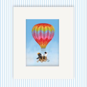 Mounted print hanging on the wall, of a rainbow hot air balloon with a gorilla, panda and polar bear in the basket.