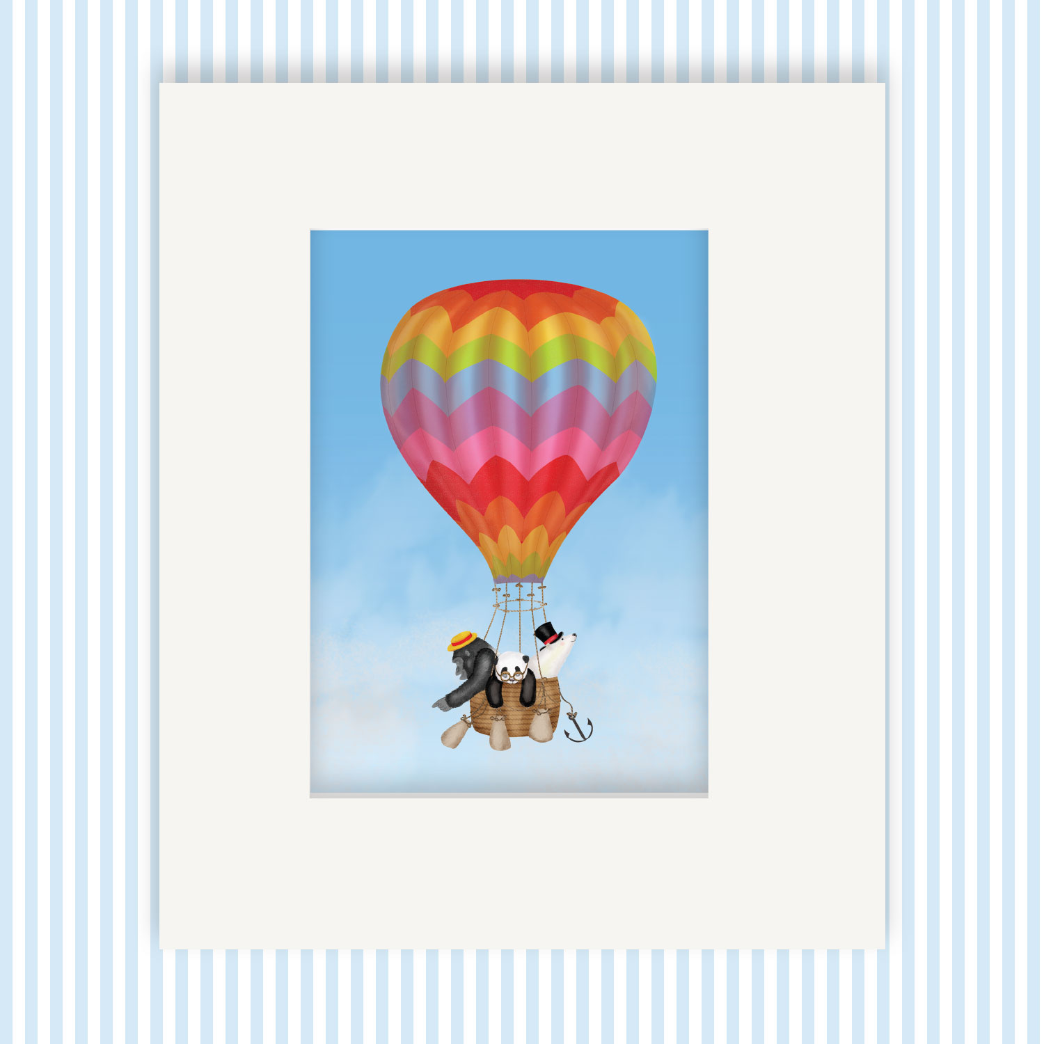 Mounted print hanging on the wall, of a rainbow hot air balloon with a gorilla, panda and polar bear in the basket.