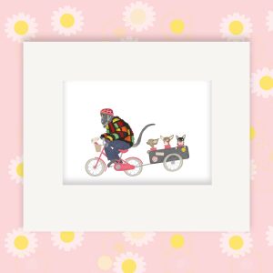 Mounted print hanging on a wall, of an owl monkey riding a pink bicycle pulling a cart full of chihuahuas.