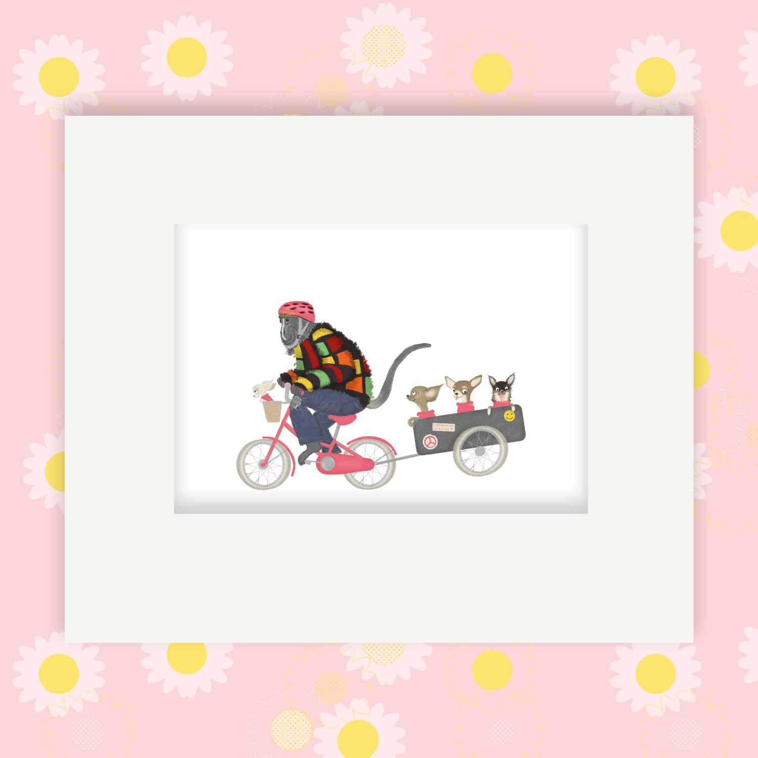 Mounted print hanging on a wall, of an owl monkey riding a pink bicycle pulling a cart full of chihuahuas.
