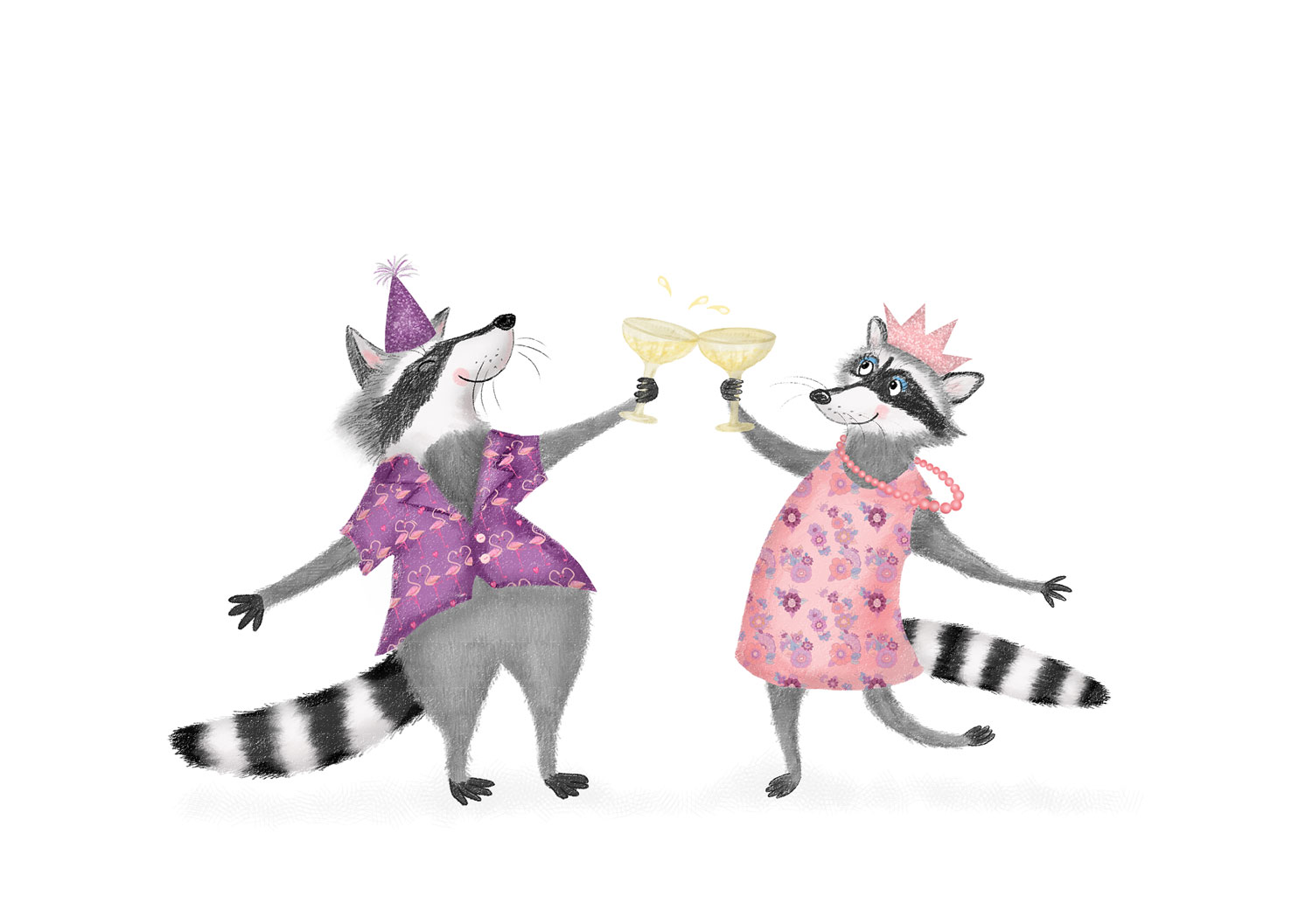 Two raccoons wearing party outfits clinking glasses of champagne.