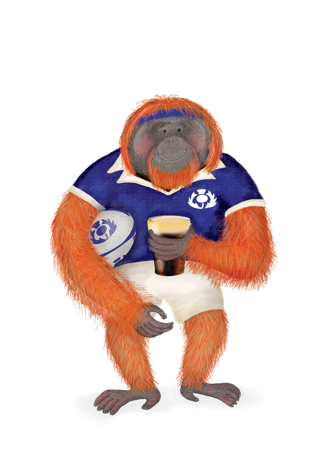 Orangutan wearing a Scotland rugby strip, holding a rugby ball and a pint of stout.
