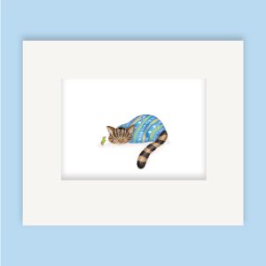 Mounted print hanging on a wall, of a Scottish wildcat wearing a stripy jumper, looking at a mouse with one suspicious eye.