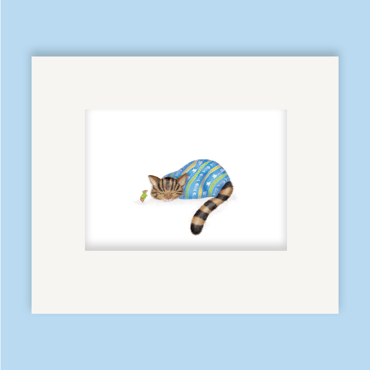 Mounted print hanging on a wall, of a Scottish wildcat wearing a stripy jumper, looking at a mouse with one suspicious eye.