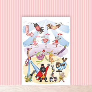 Fun colourful A4 print of animals taking on roles in a circus.