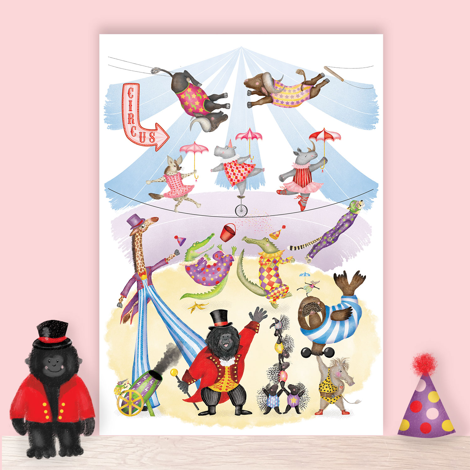 Print of cute, colourful animals taking on roles in a circus, including a gorilla ringmaster and warthog strongman.