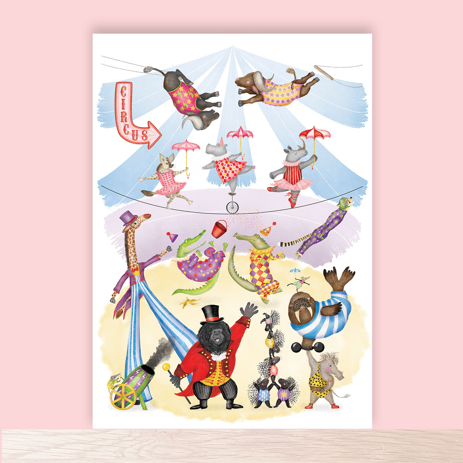 Print of cute, colourful animals taking on roles in a circus, including a gorilla ringmaster and warthog strongman.