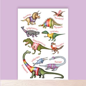 Print of cute dinosaurs wearing colourful jumpers.