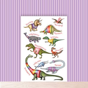Fun colourful A4 print of dinosaurs wearing jumpers.