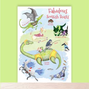 Print of fabulous Scottish beasts including the Loch Ness Monster, Kelpie and Selkie.