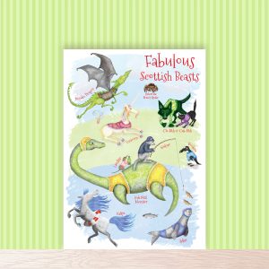 Fun colourful A4 print of fabulous Scottish beasts, including the Loch Ness Monster, Selkie and Kelpie.