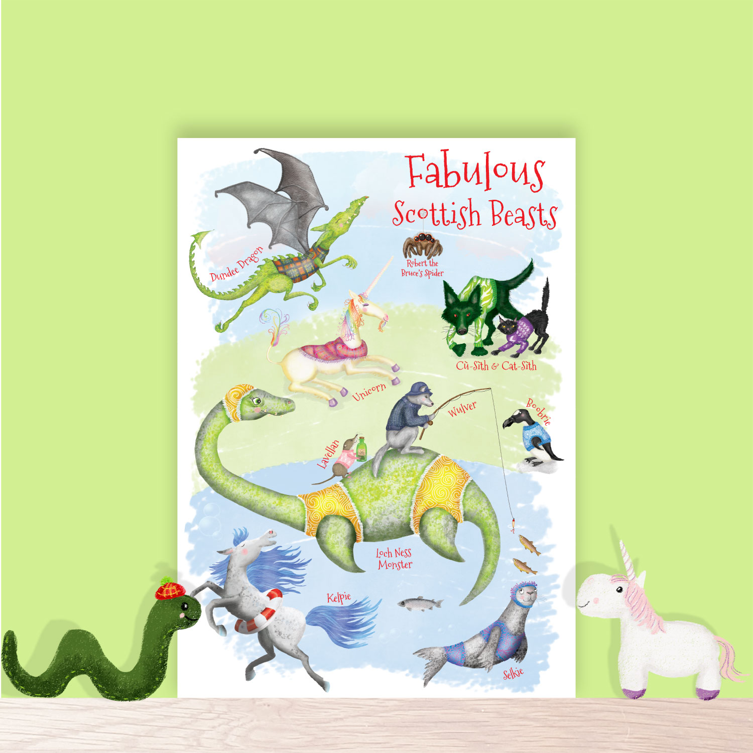 Fun colourful A4 print of fabulous Scottish beasts, including the Loch Ness Monster, Selkie and Kelpie; sitting on a shelf with toys.