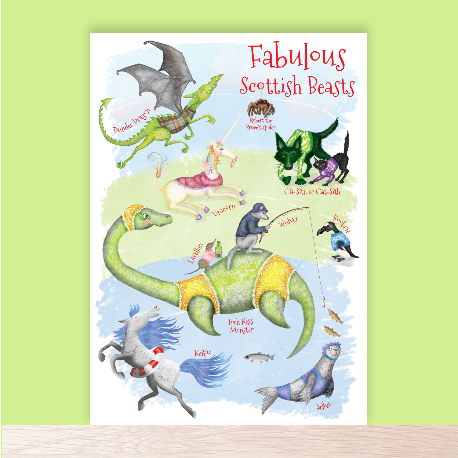 Print of fabulous Scottish beasts including the Loch Ness Monster, Kelpie and Selkie.