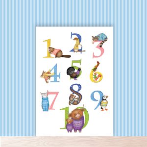 Fun colourful A4 print of the numbers 1-10 illustrated with Scottish animals, including Highland cows, a Scottish Wildcat, red squirrels and a puffin.