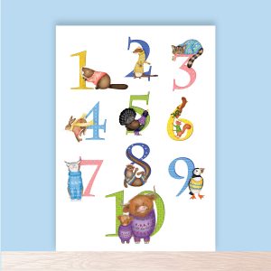 The numbers 1-10 illustrated with Scottish animals, including Highland cows and a puffin.