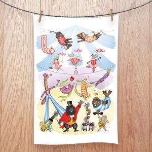 Tea towel with drawings of animals taking on roles in a circus.