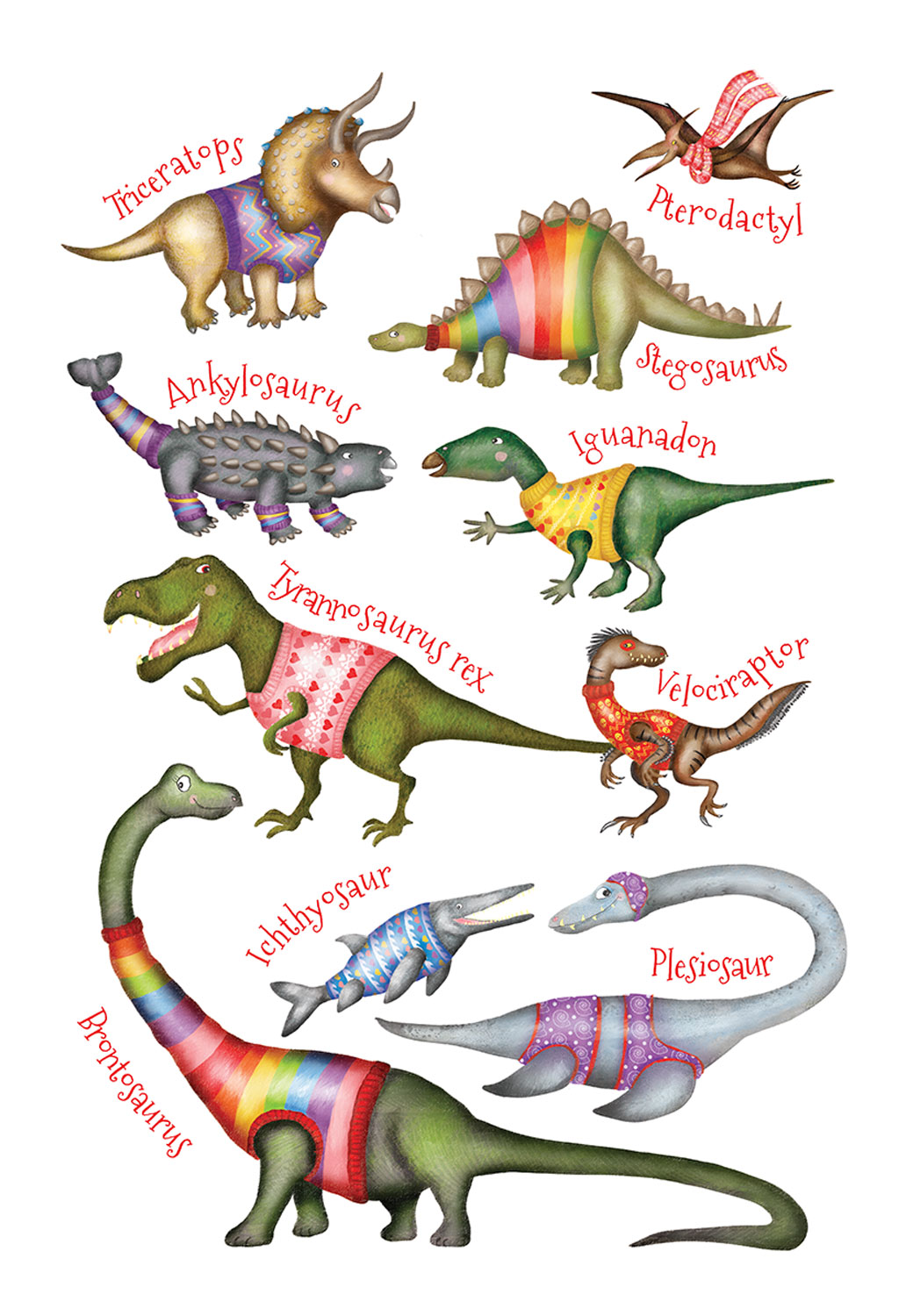 Cute dinosaurs wearing colourful jumpers.